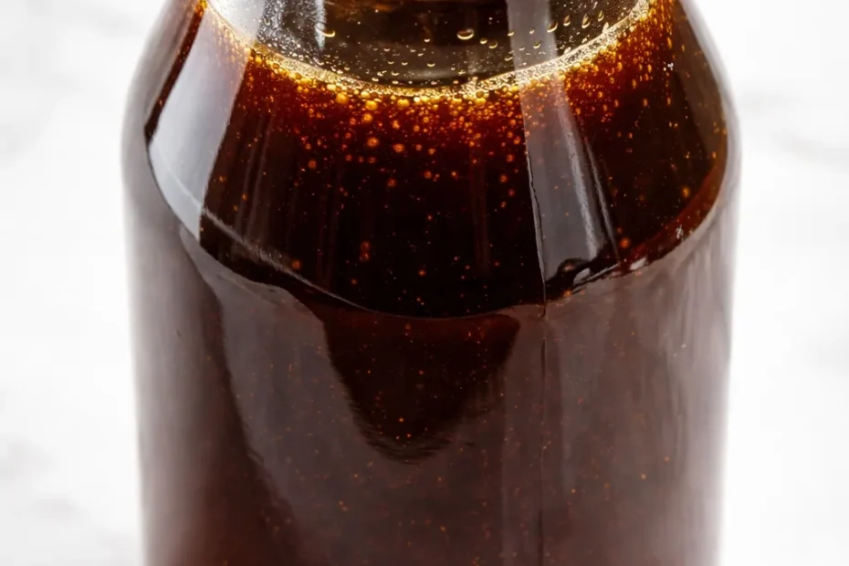 Rich amber homemade chai syrup, thick and glossy, with cinnamon sticks and star anise in a glass jar.