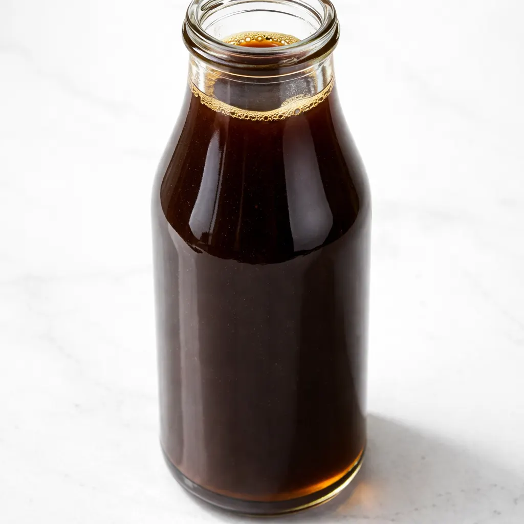 A wooden spoon stirs dark amber homemade chai syrup in a stainless steel pot, with cinnamon sticks and star anise visible, thick and glossy.