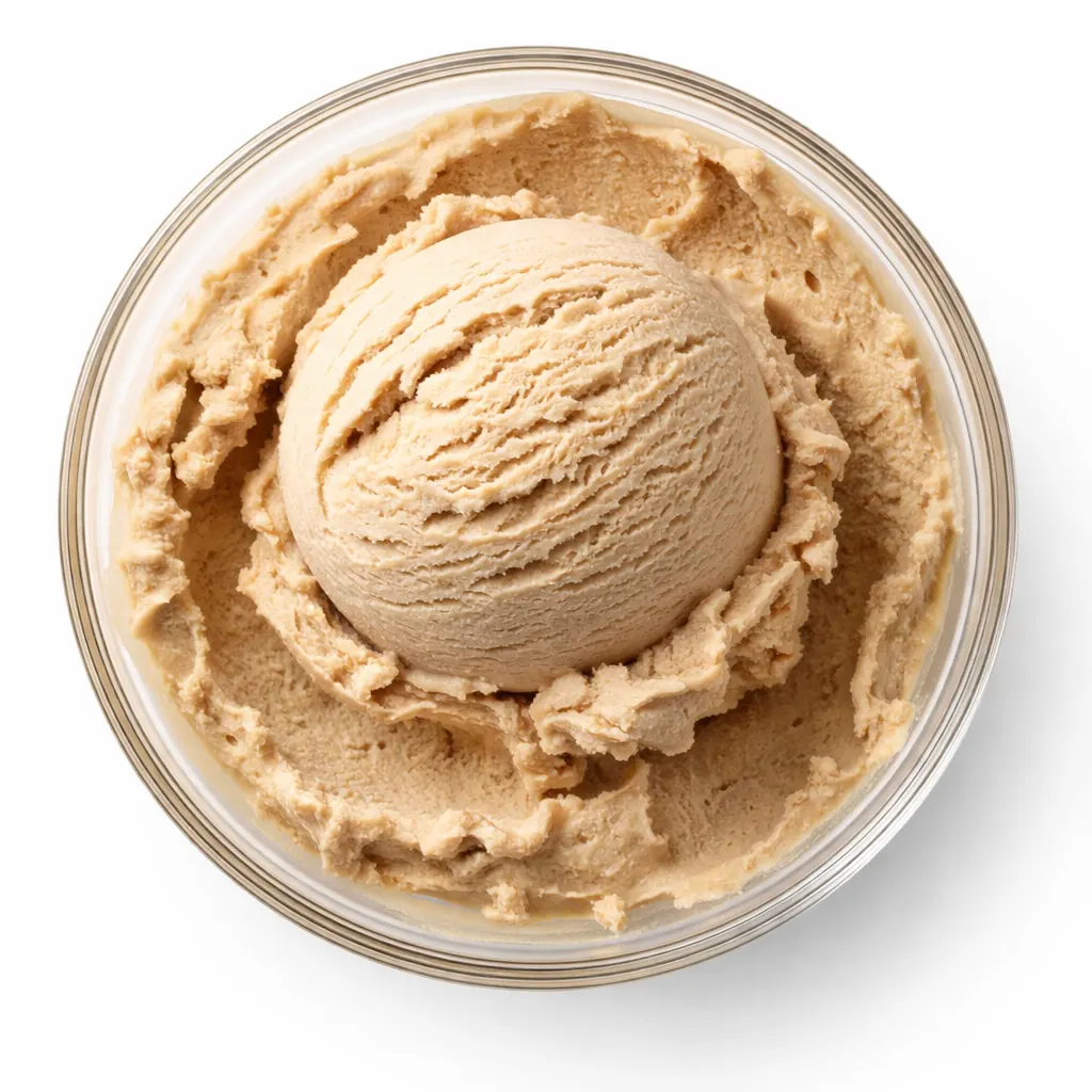 Smooth, creamy homemade coffee ice cream being scooped from an ice cream maker, showing rich brown color and flecks of coffee grounds.