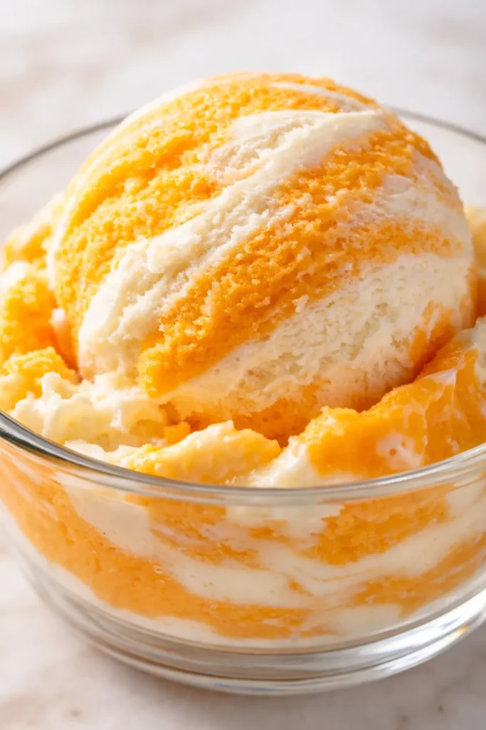 Creamy homemade orange creamsicle ice cream scoop with white vanilla and orange swirls, smooth texture with no ice crystals.