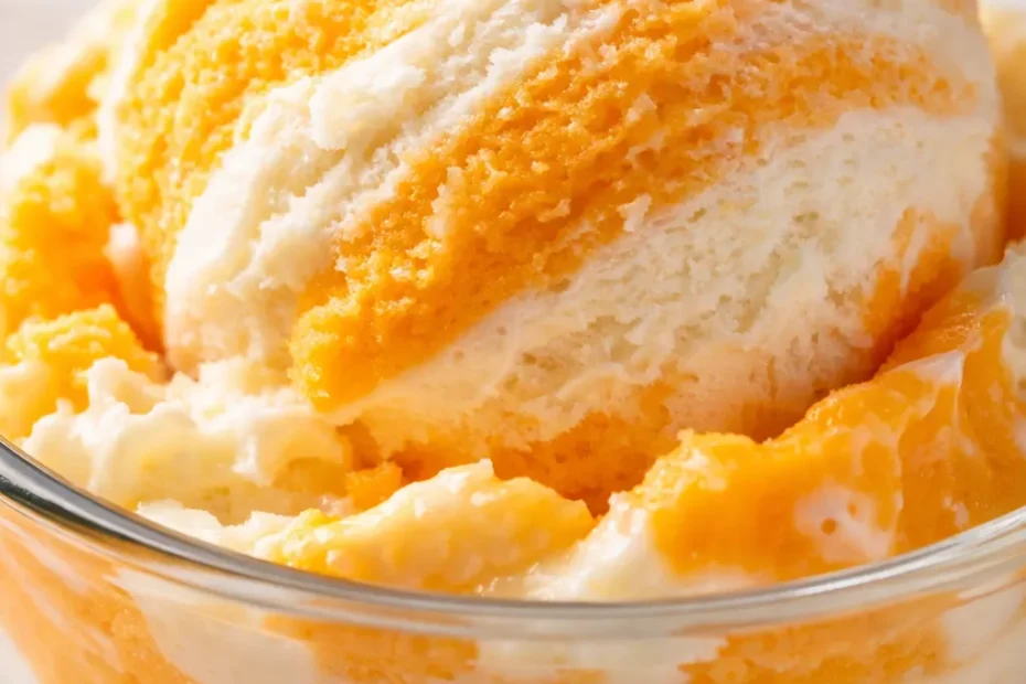Creamy homemade orange creamsicle ice cream scoop with white vanilla and orange swirls, smooth texture with no ice crystals.