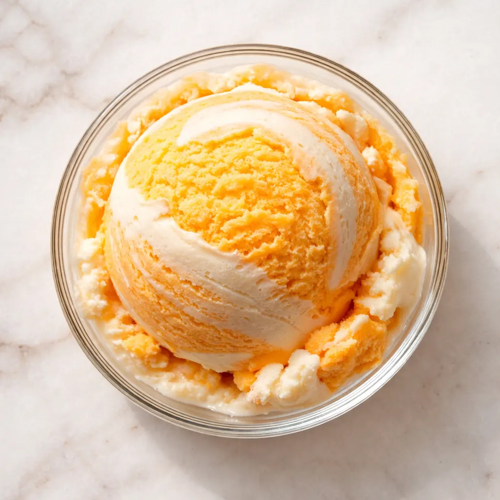 Creamy orange creamsicle ice cream base churning in machine, vibrant orange color, smooth and velvety texture.