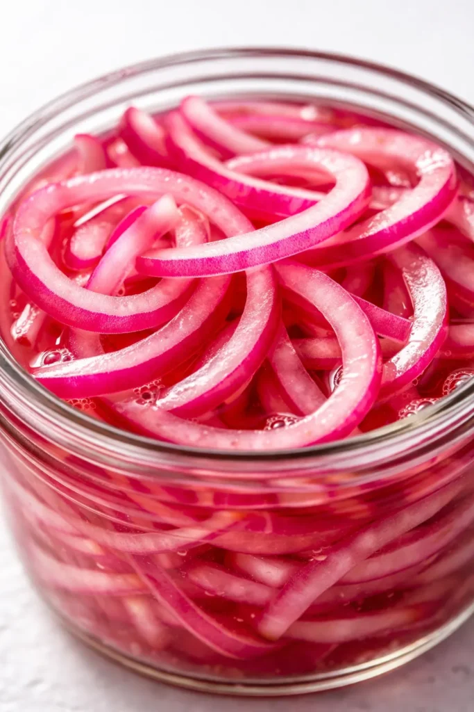 Vibrant magenta pickled red onions in a glass jar, showing crisp translucent slices submerged in tangy brine.