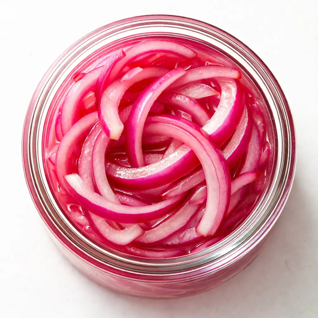 Sliced red onions submerged in vinegar and spices in a glass jar, turning vibrant pink during quick pickling process.
