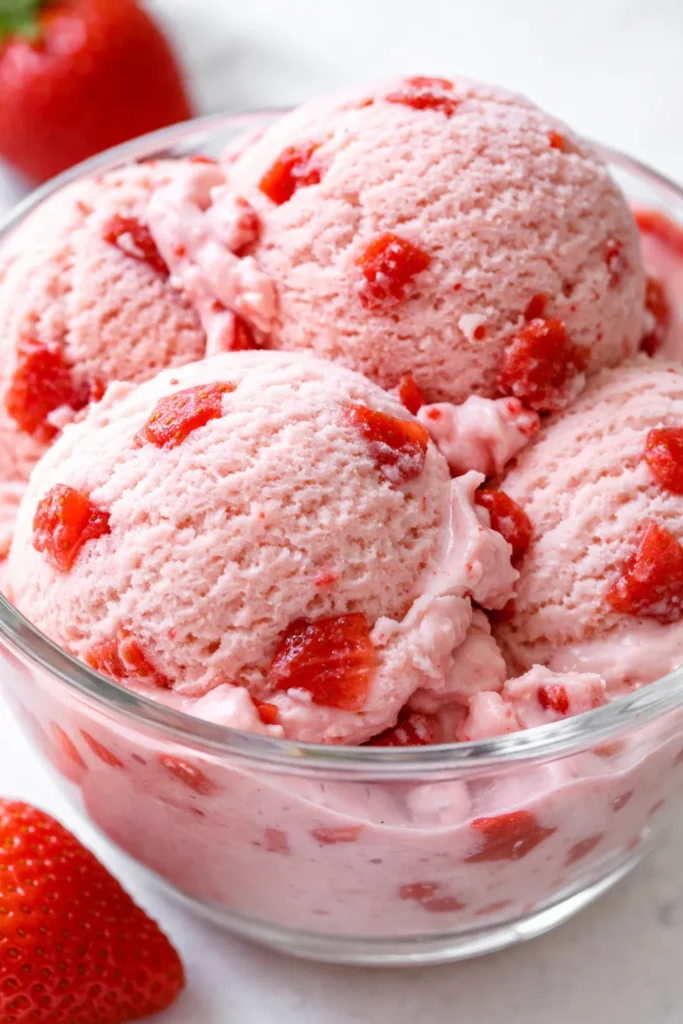 Smooth, creamy homemade strawberry ice cream with visible strawberry pieces, vibrant pink hue, and a rich, velvety texture.