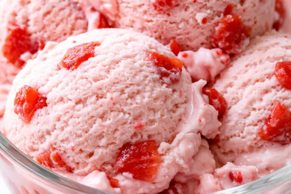 Smooth, creamy homemade strawberry ice cream with visible strawberry pieces, vibrant pink hue, and a rich, velvety texture.