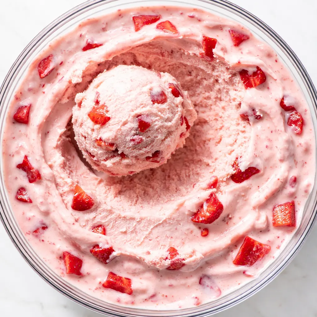 Creamy homemade strawberry ice cream mixture being stirred in a bowl, vibrant pink color, smooth and thick texture.