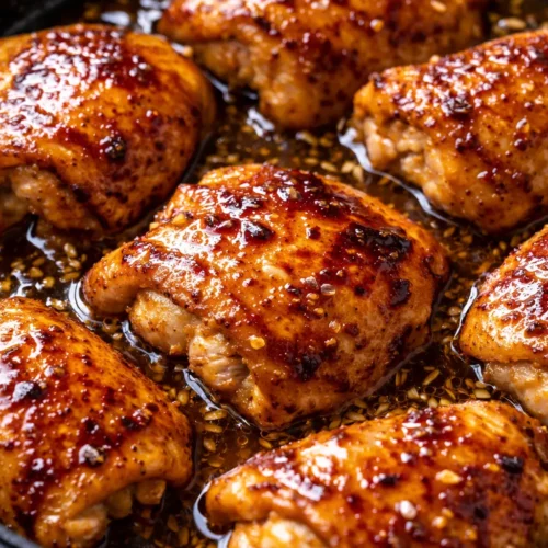 Golden sticky honey garlic lemon chicken with glossy garlic lemon sauce and fresh herbs.