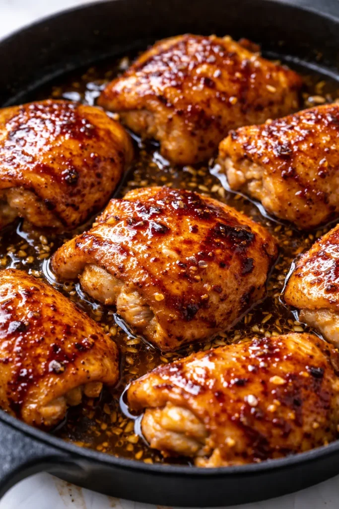 Golden sticky honey garlic lemon chicken with glossy garlic lemon sauce and fresh herbs.