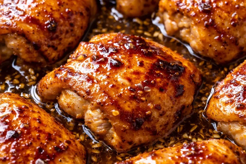 Golden sticky honey garlic lemon chicken with glossy garlic lemon sauce and fresh herbs.