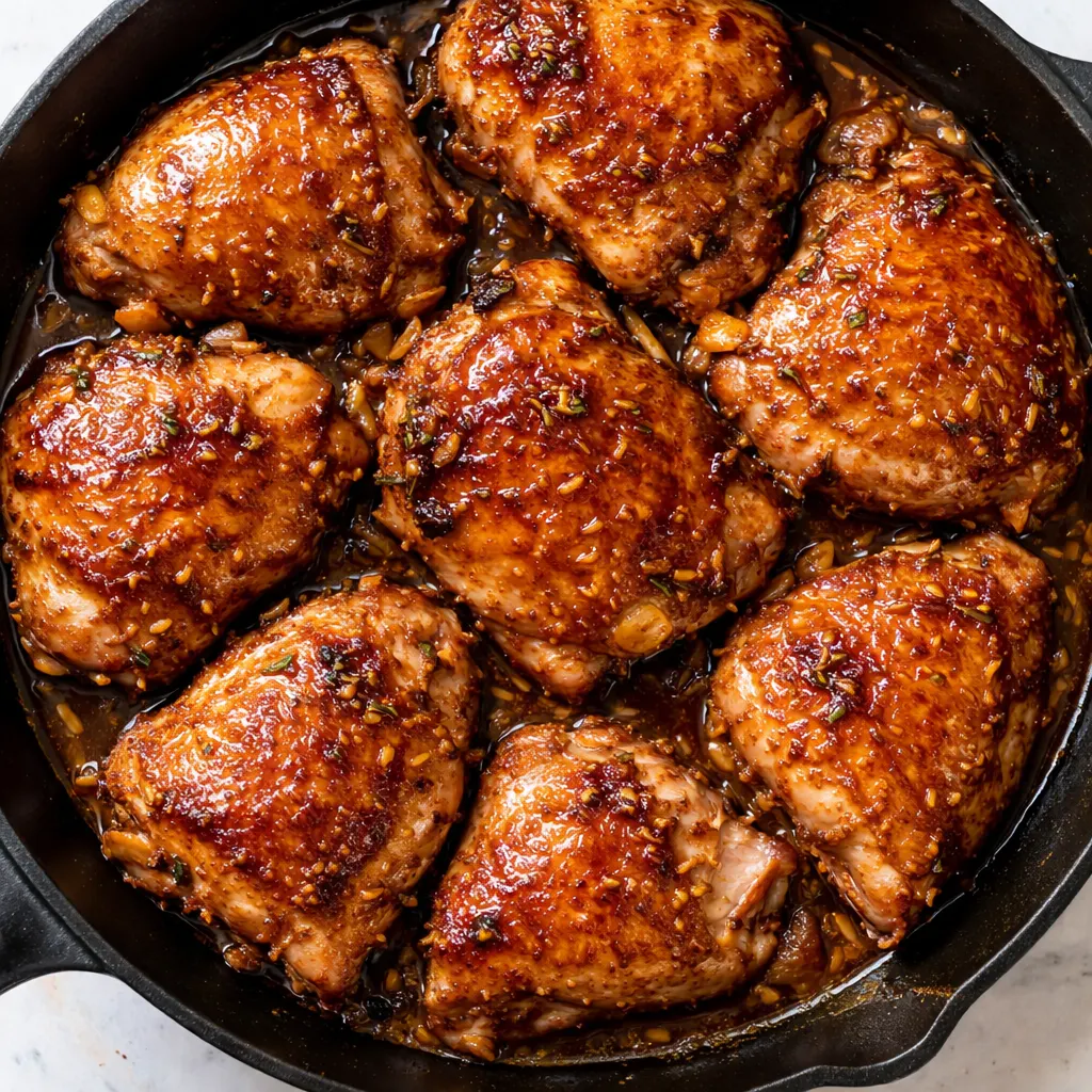 Sticky honey garlic lemon chicken glistening with golden glaze, garnished with sesame seeds and green onions.