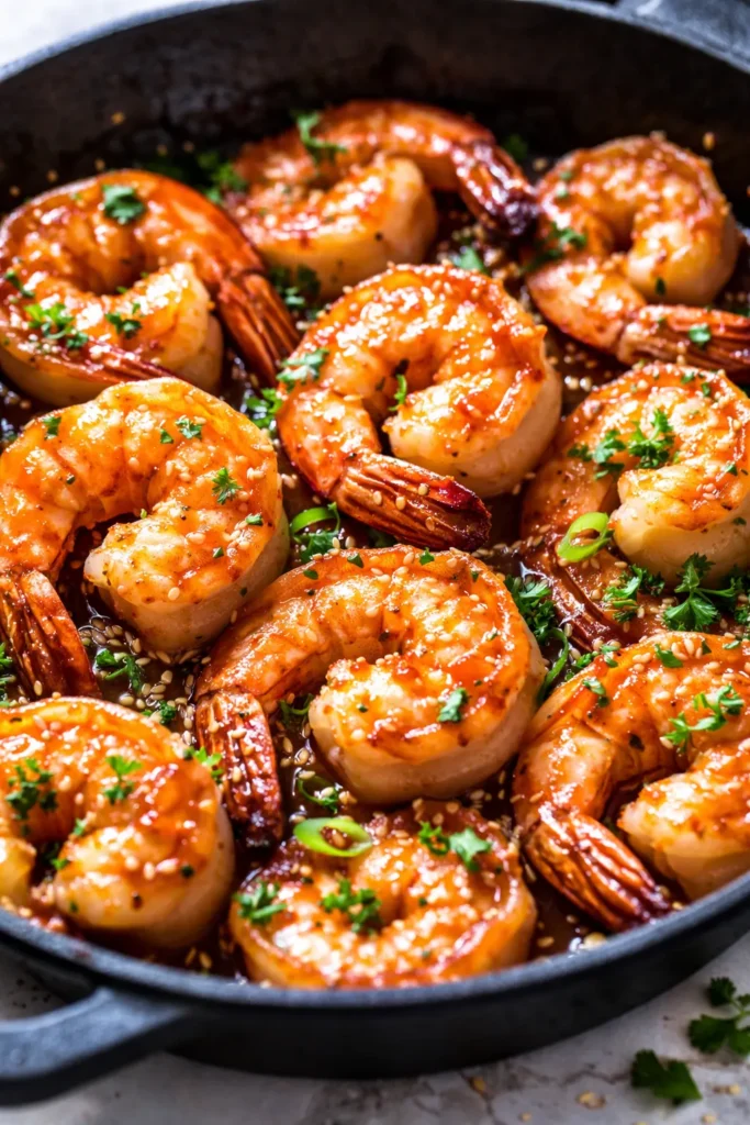 Glossy honey garlic shrimp with golden brown glaze, garnished with green onions and sesame seeds, served on a white plate.
