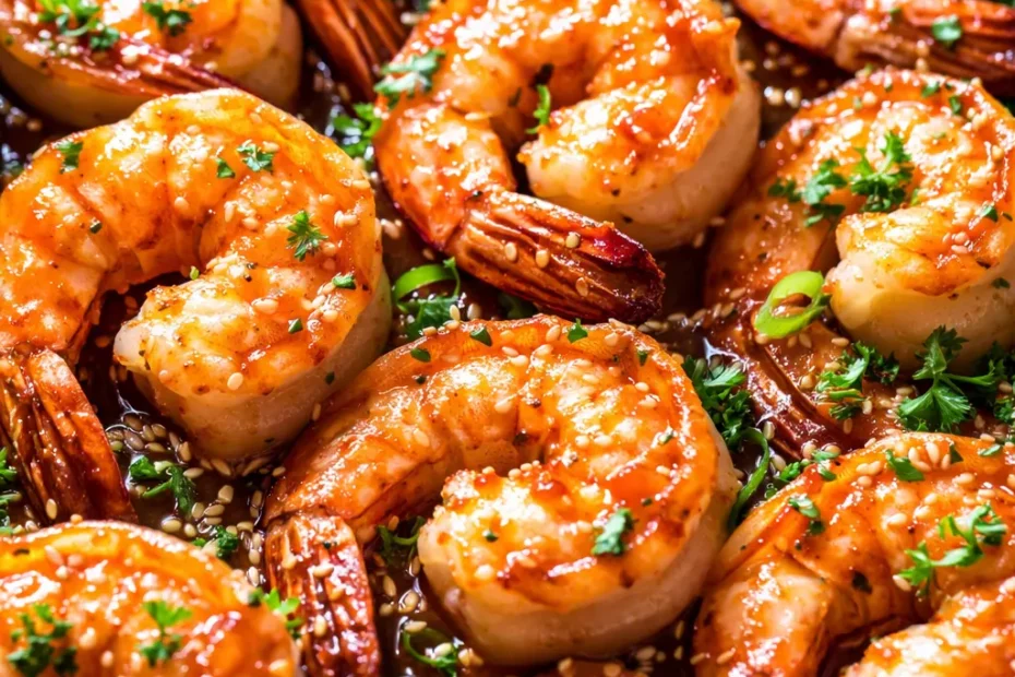 Glossy honey garlic shrimp with golden brown glaze, garnished with green onions and sesame seeds, served on a white plate.