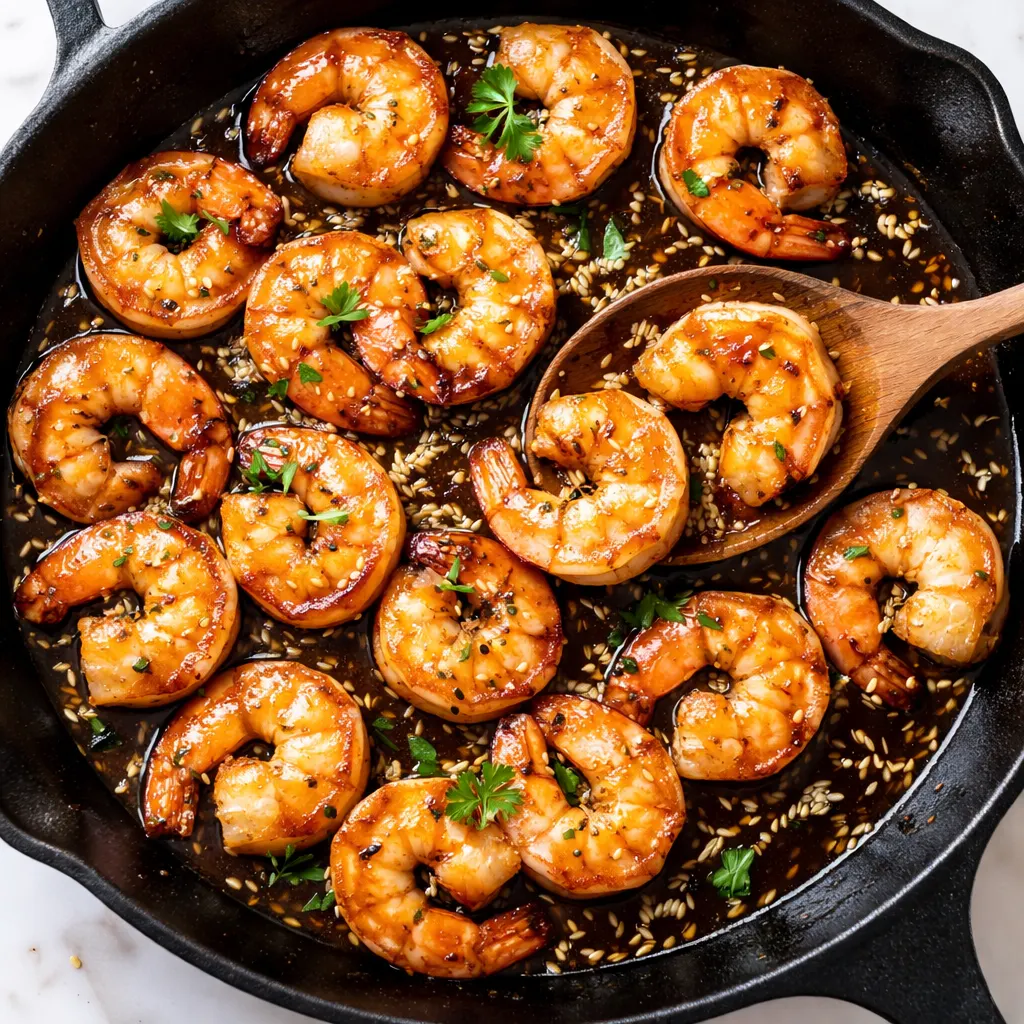 Glossy honey garlic shrimp with garlic cloves and green onions in a skillet, golden brown and juicy.