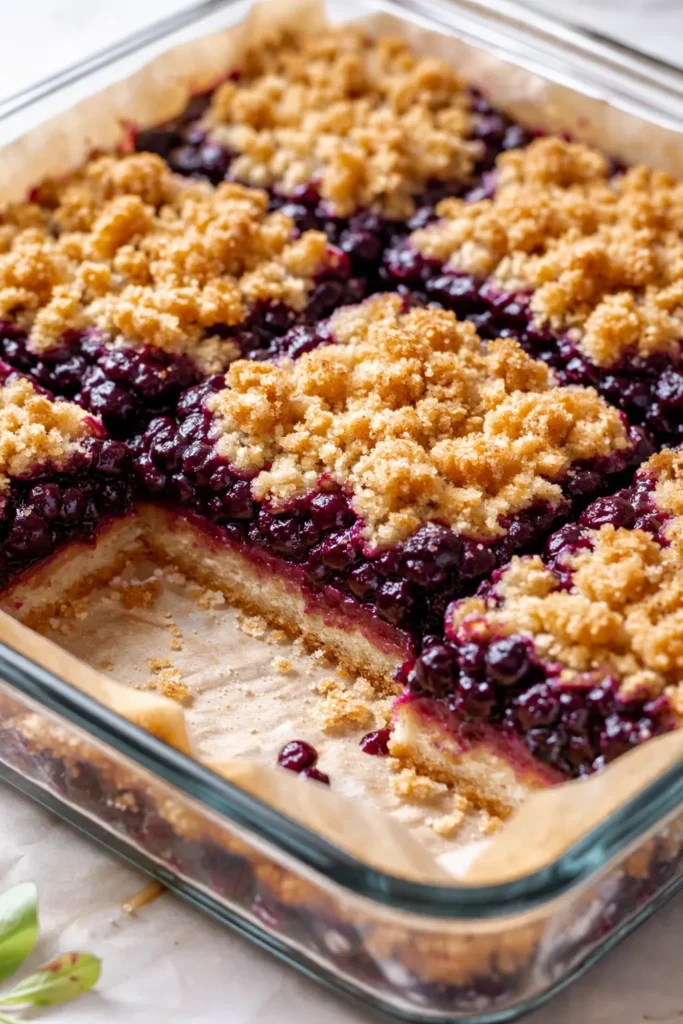 Golden huckleberry crumb bars with buttery oat topping and bright purple filling, fresh from the oven.
