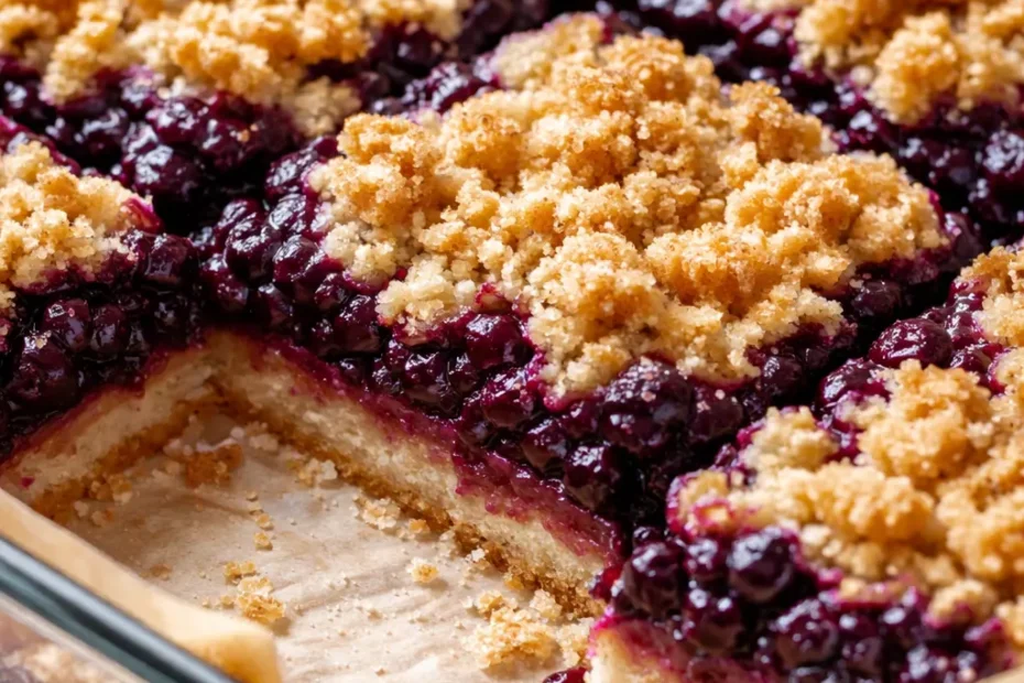 Golden huckleberry crumb bars with buttery oat topping and bright purple filling, fresh from the oven.