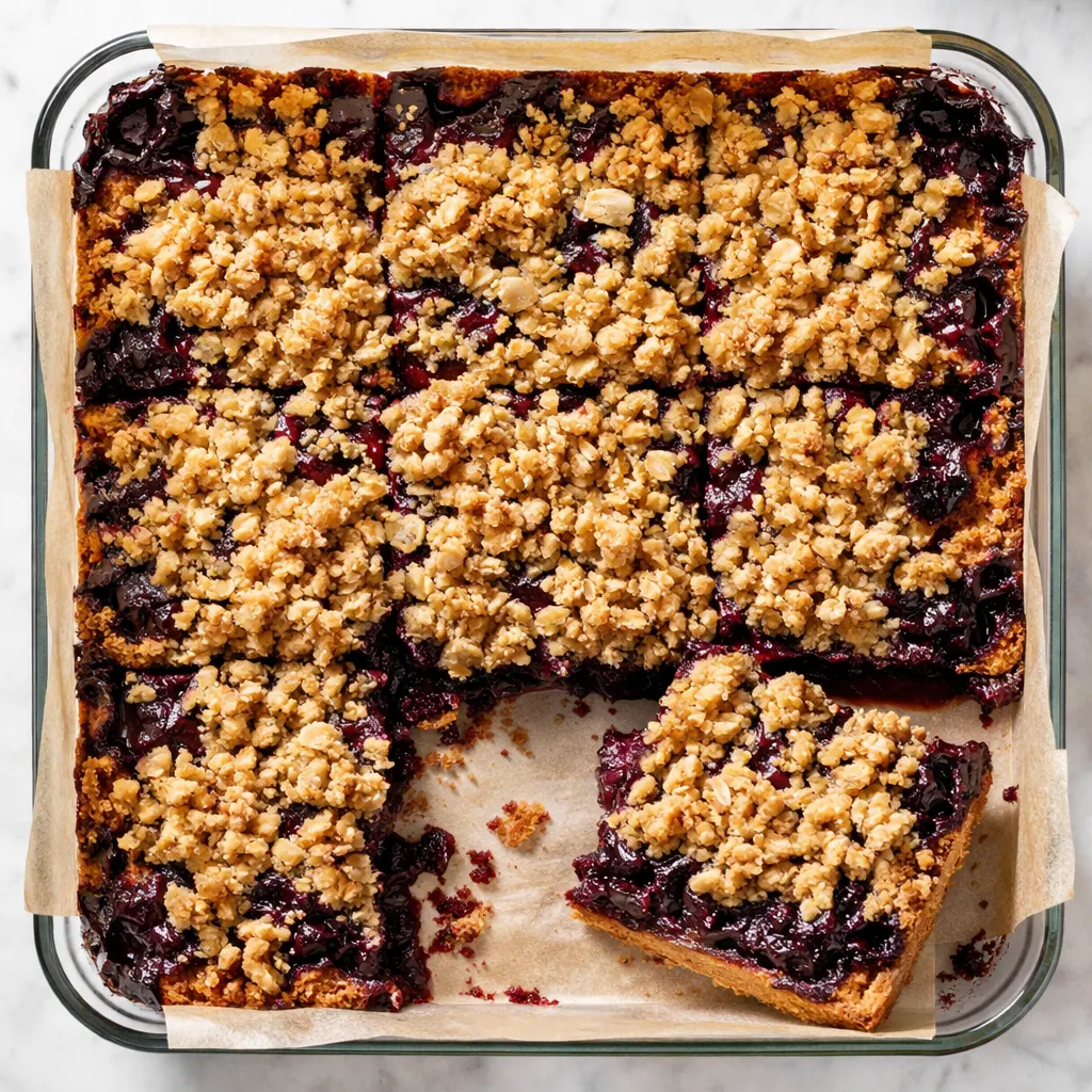 Golden brown huckleberry crumb bars with deep purple berry filling and crumbly topping on a rustic plate