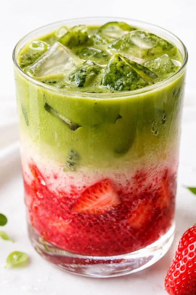 Iced strawberry matcha latte in a tall glass with layered red strawberry milk and green matcha, garnished with berries and ice.