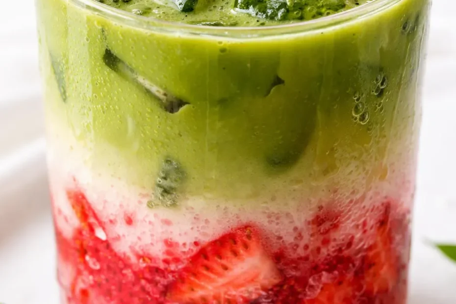 Iced strawberry matcha latte in a tall glass with layered red strawberry milk and green matcha, garnished with berries and ice.
