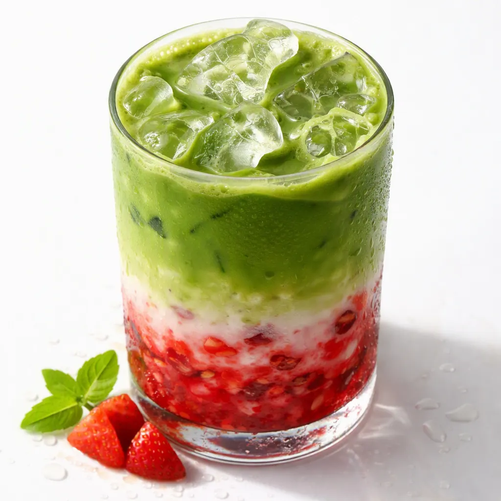 Whisking smooth, vibrant green matcha into creamy milk for a clump-free iced strawberry matcha latte.