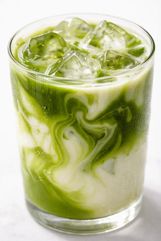 Creamy iced vanilla matcha latte with layered milk, vibrant green matcha, and vanilla syrup swirling over ice in a tall glass.