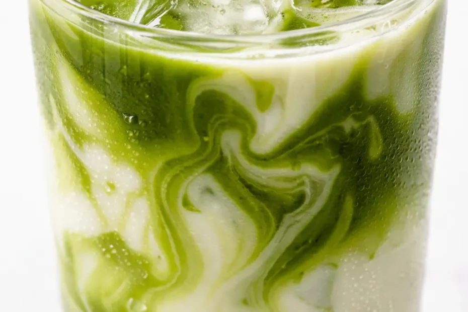 Creamy iced vanilla matcha latte with layered milk, vibrant green matcha, and vanilla syrup swirling over ice in a tall glass.
