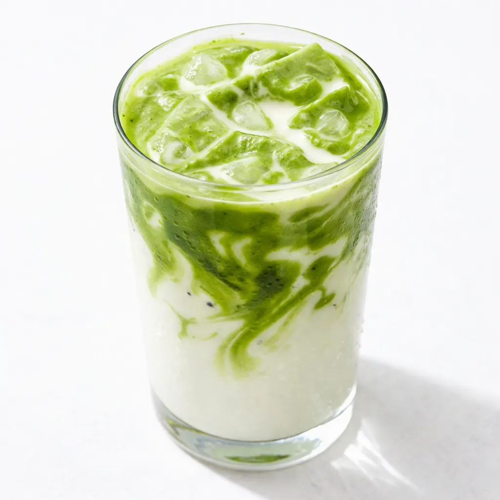 Whisking vibrant green matcha into a frothy glass of iced vanilla matcha latte, layered with creamy milk and ice cubes.