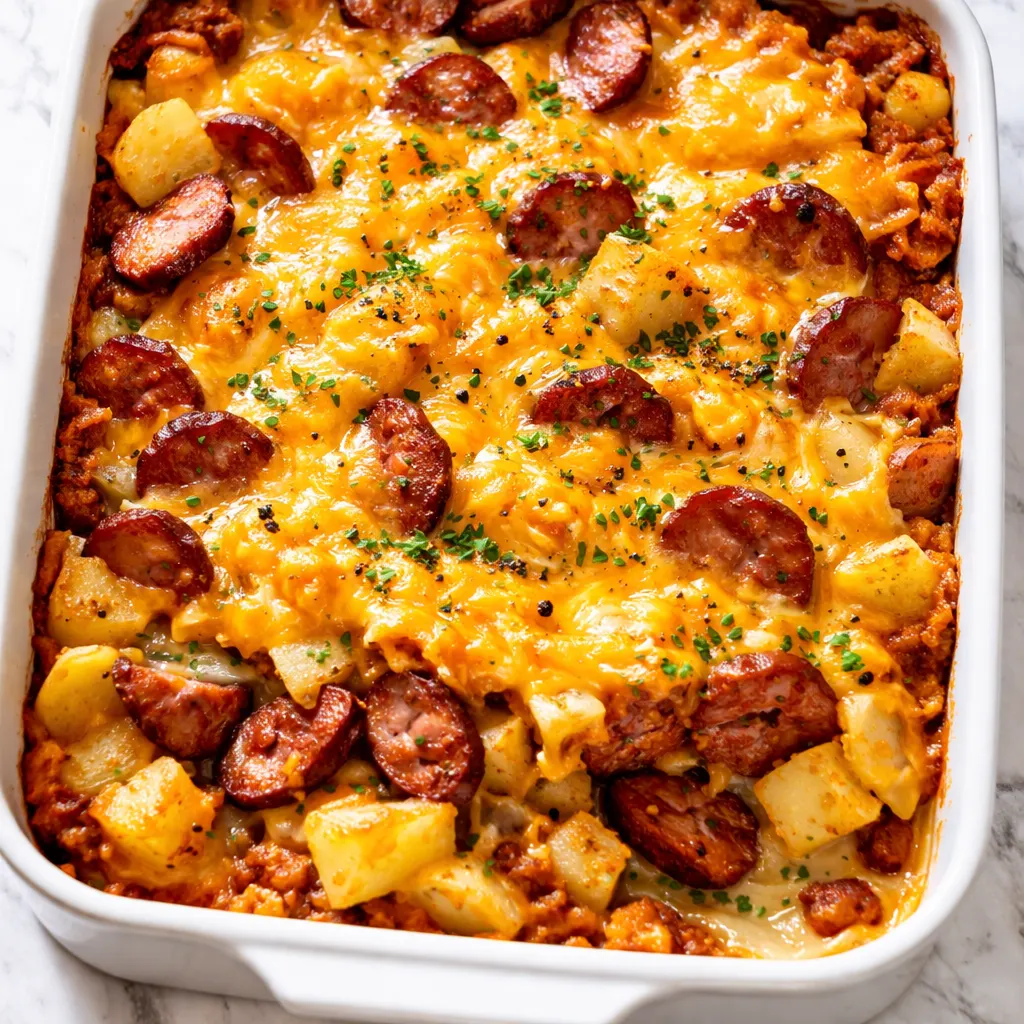 Golden brown cheesy potato casserole topped with melted cheddar and sliced kielbasa sausage, creamy and inviting.