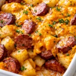 Golden brown cheesy potato casserole with sliced kielbasa sausage, melted cheddar, and crispy edges.