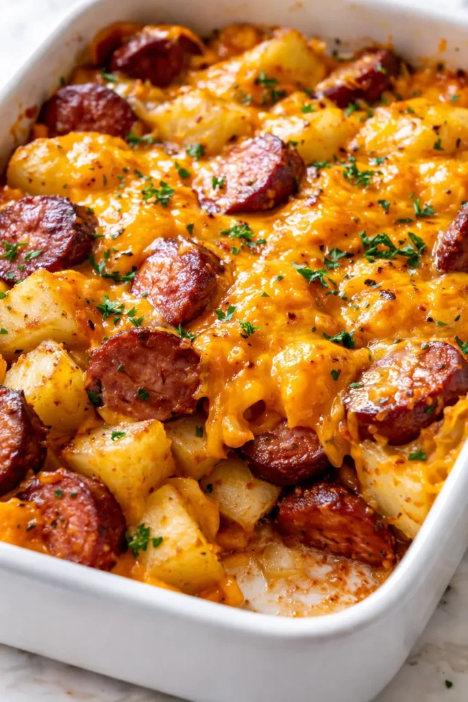 Golden brown cheesy potato casserole with sliced kielbasa sausage, melted cheddar, and crispy edges.