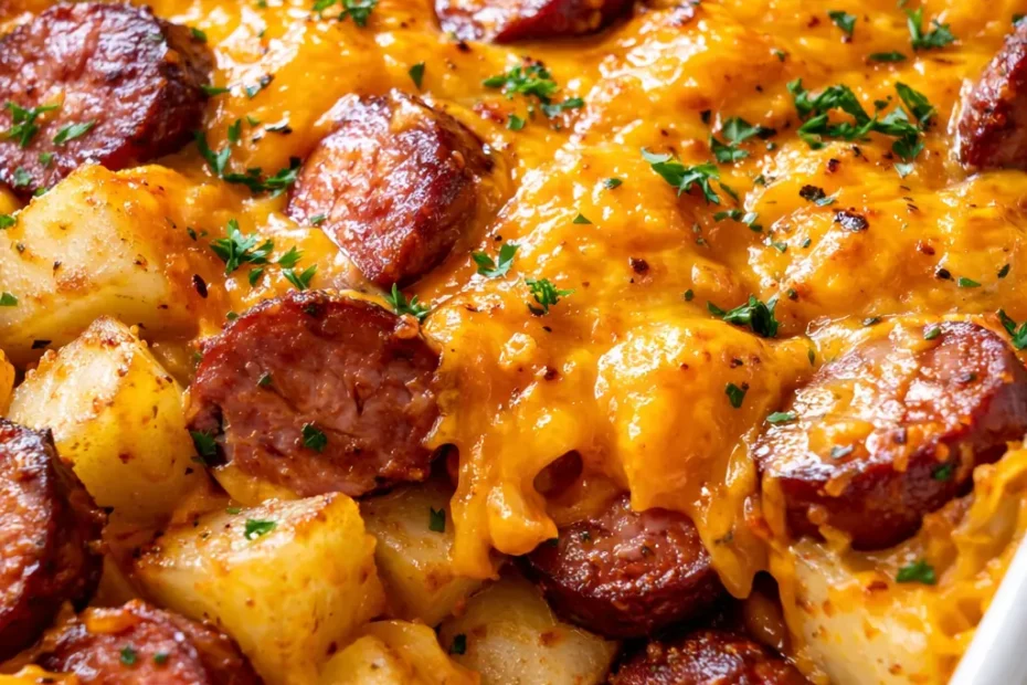 Golden brown cheesy potato casserole with sliced kielbasa sausage, melted cheddar, and crispy edges.