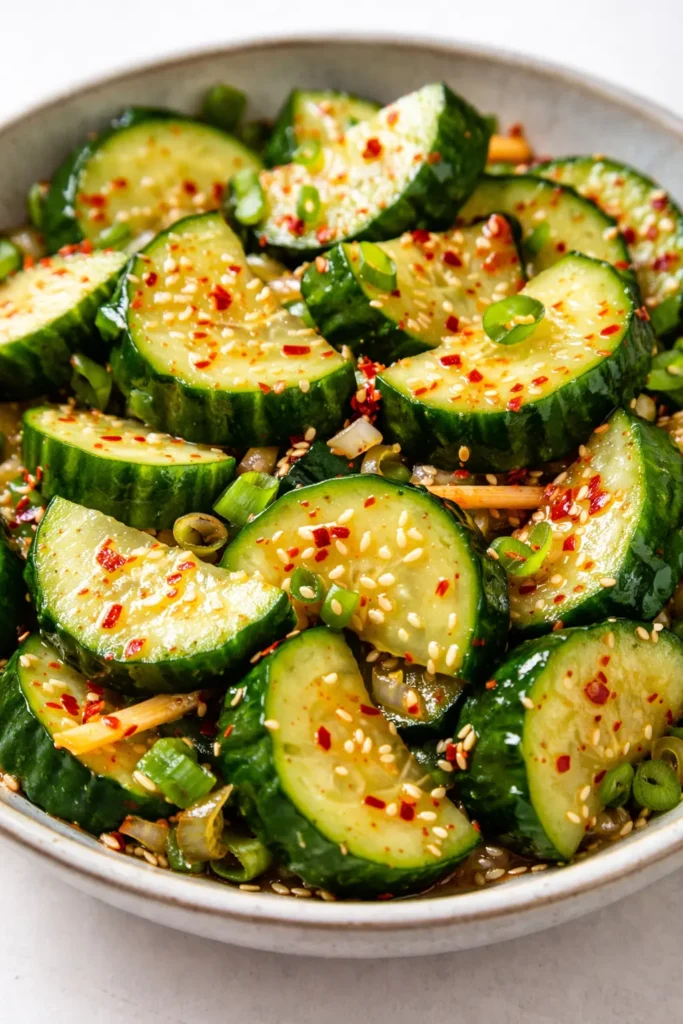 Crisp Korean cucumber salad with spicy gochugaru dressing, sesame seeds, and green onions, glossy and vibrant.