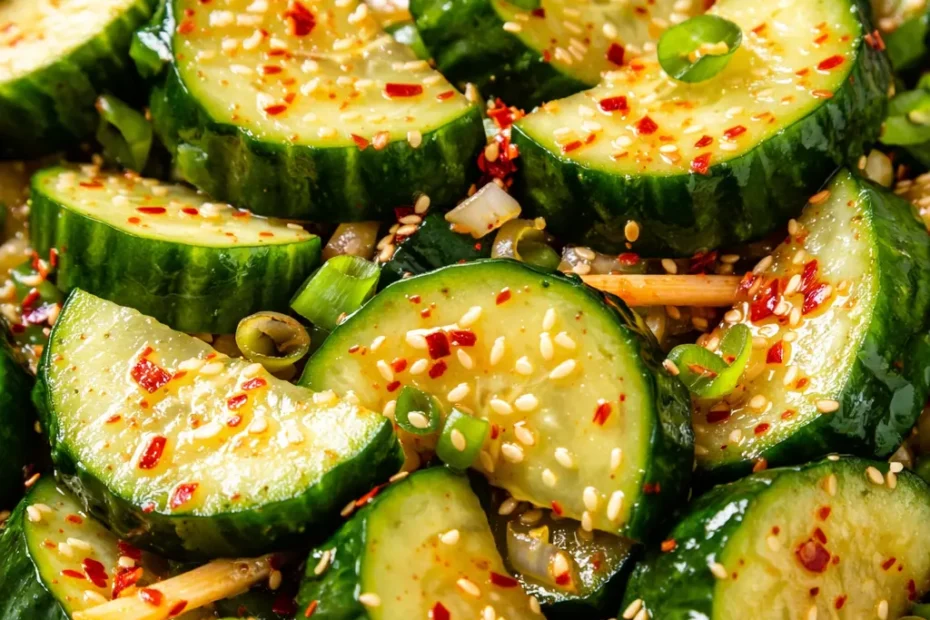 Crisp Korean cucumber salad with spicy gochugaru dressing, sesame seeds, and green onions, glossy and vibrant.