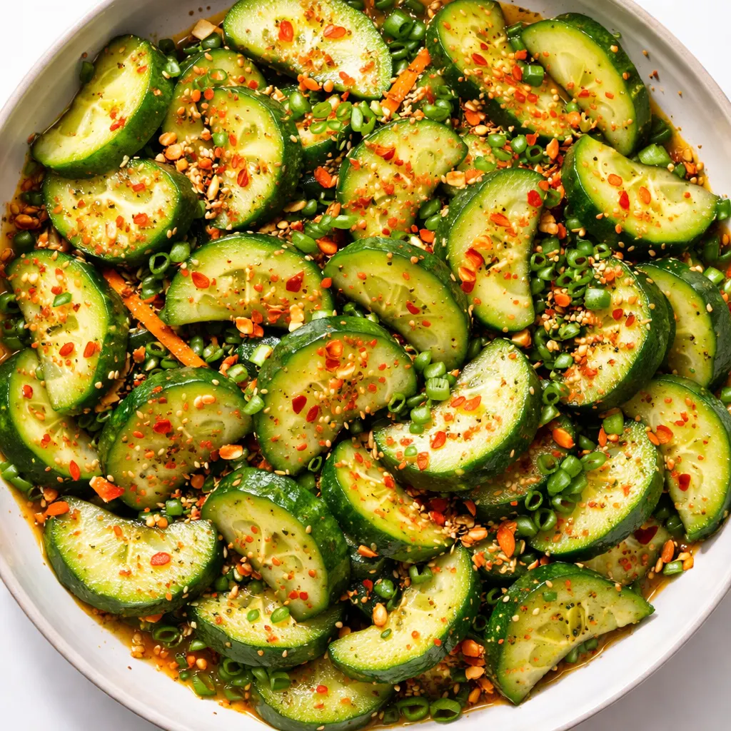 Crisp cucumber slices tossed in a spicy gochugaru dressing, showing the process of coating each piece evenly.