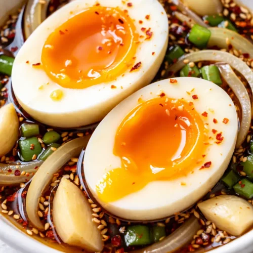 Glossy Korean soy marinated eggs with rich amber yolks over steamed white rice, garnished with sesame seeds and scallions.