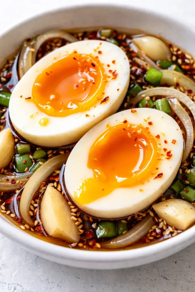 Glossy Korean soy marinated eggs with rich amber yolks over steamed white rice, garnished with sesame seeds and scallions.