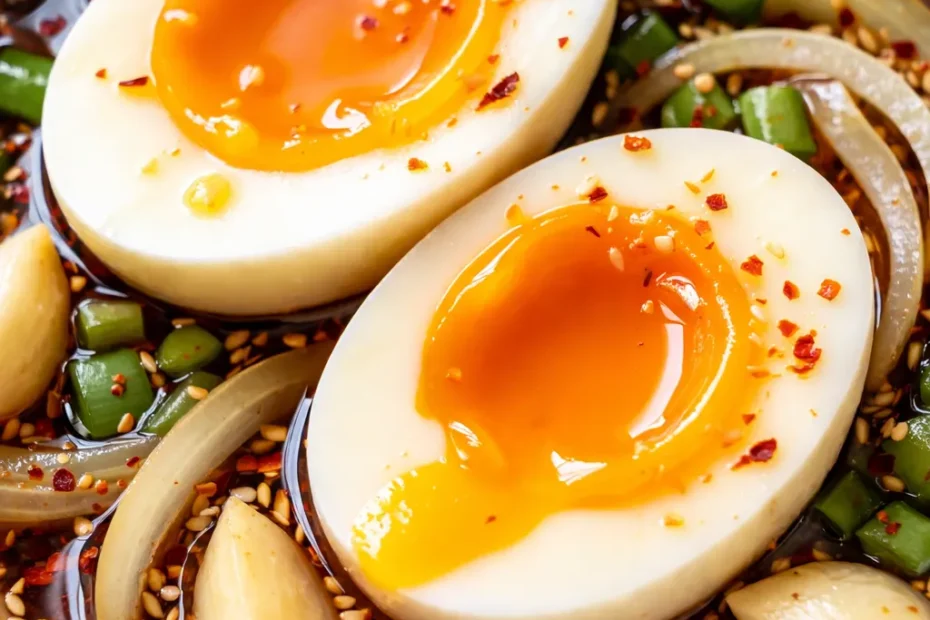 Glossy Korean soy marinated eggs with rich amber yolks over steamed white rice, garnished with sesame seeds and scallions.