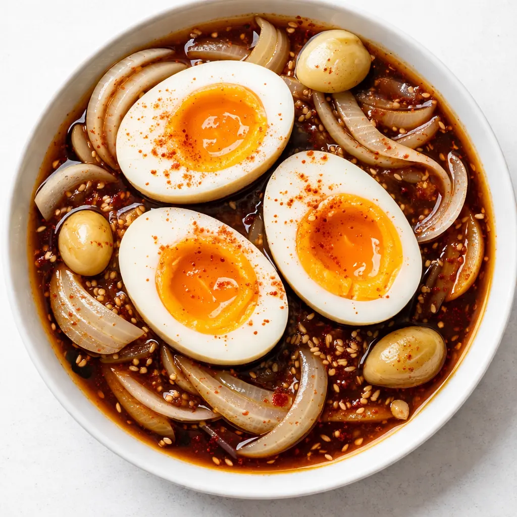 Glossy brown Korean soy marinated eggs with runny yolks over steamed rice, garnished with sesame seeds and green onions.