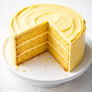 Lemon-blueberry cake layers being assembled with lemon curd and blueberries, showing moist crumb and glossy white frosting.