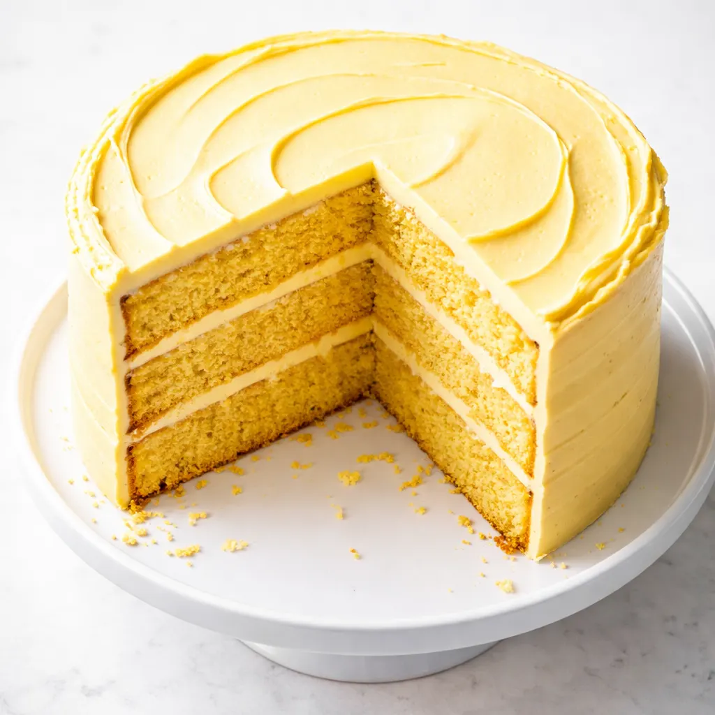 Lemon-blueberry cake layers being assembled with lemon curd and blueberries, showing moist crumb and glossy white frosting.