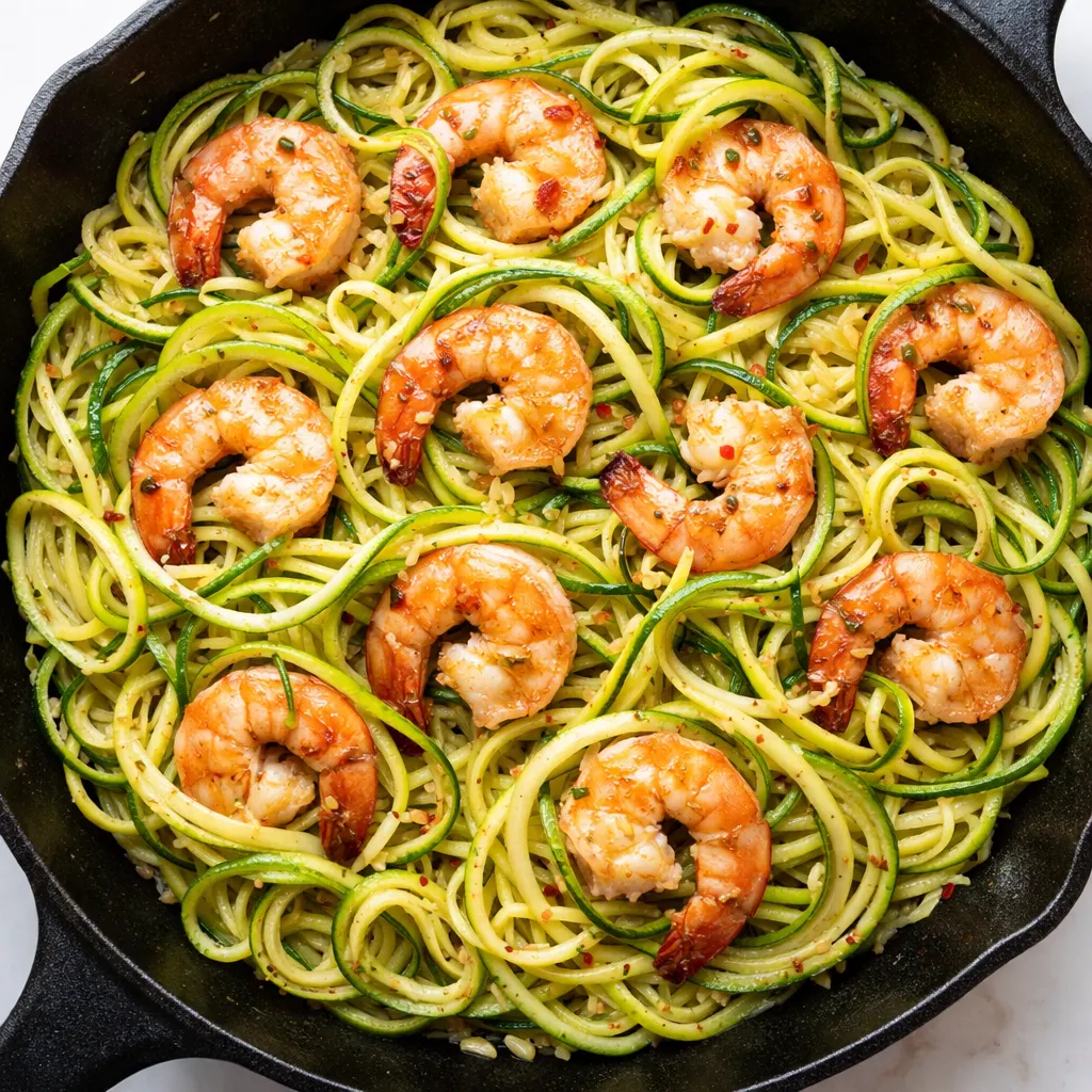 Sautéed lemon garlic shrimp with spiralized zucchini noodles in a hot pan, glossy sauce coating each strand.