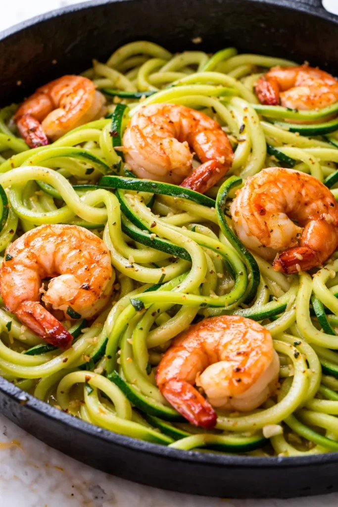 Lemon garlic shrimp zucchini noodles in a bowl, featuring al dente spiralized zucchini, plump shrimp, and a glossy lemon garlic sauce.