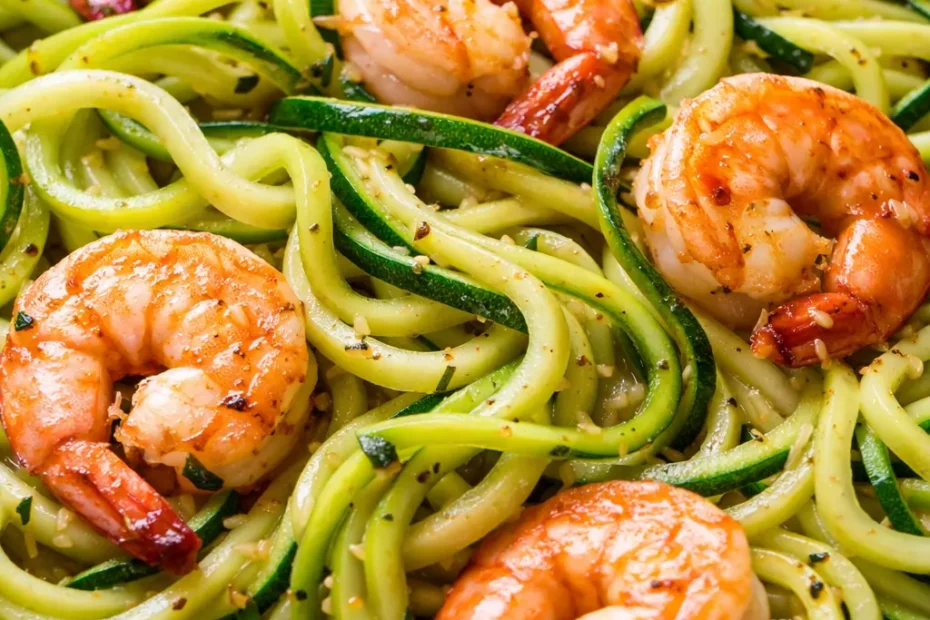 Lemon garlic shrimp zucchini noodles in a bowl, featuring al dente spiralized zucchini, plump shrimp, and a glossy lemon garlic sauce.