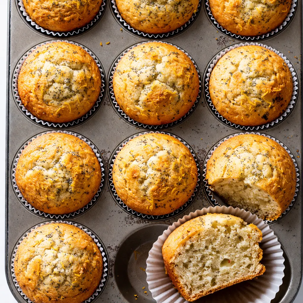 Golden brown lemon poppy seed muffin with a glossy crumb topping, displaying a tender crumb and bright yellow lemon zest flecks.