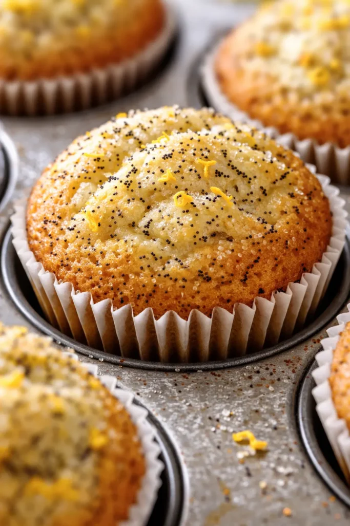 Golden brown tender lemon poppy seed muffins with a bright citrus glaze, dotted with poppy seeds, on a rustic wooden board.