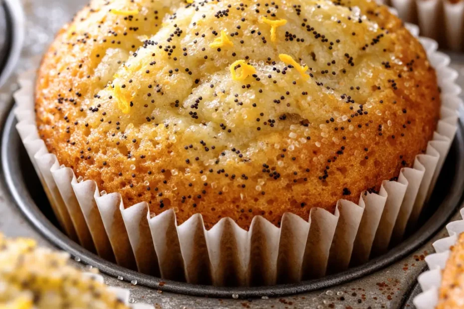 Golden brown tender lemon poppy seed muffins with a bright citrus glaze, dotted with poppy seeds, on a rustic wooden board.