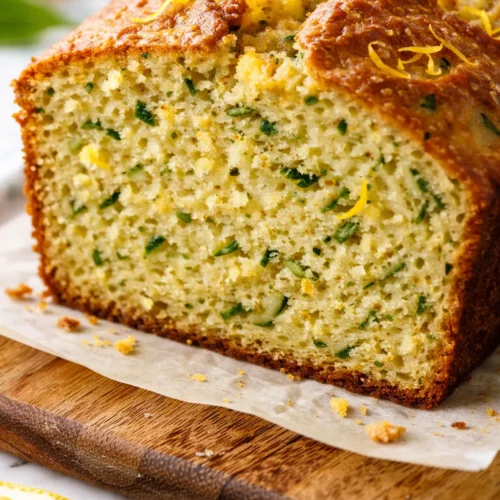 Moist lemon zucchini bread loaf with golden crust and visible green zucchini flecks, sliced on a wooden board.