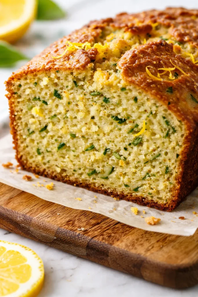 Moist lemon zucchini bread loaf with golden crust and visible green zucchini flecks, sliced on a wooden board.