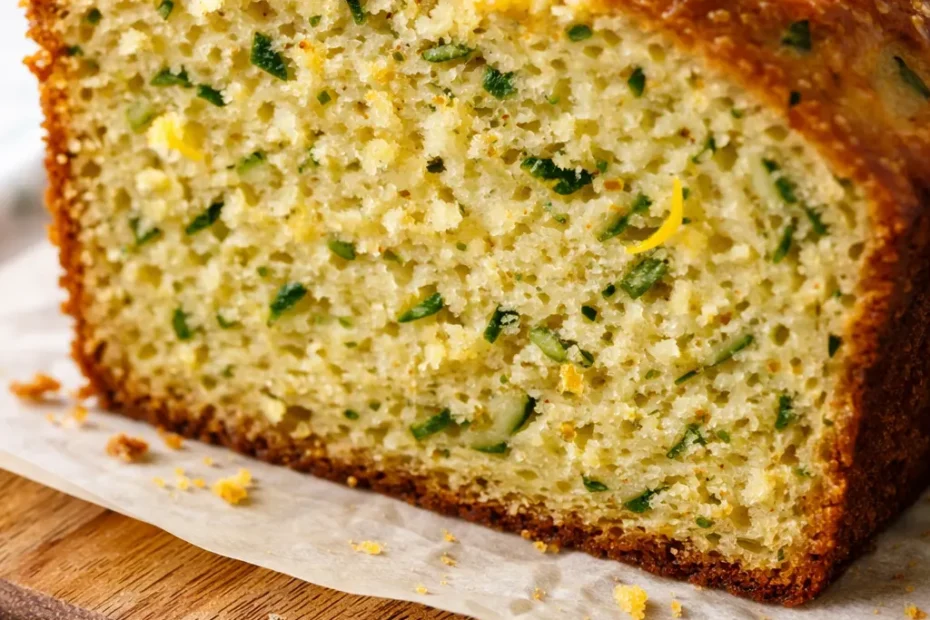Moist lemon zucchini bread loaf with golden crust and visible green zucchini flecks, sliced on a wooden board.