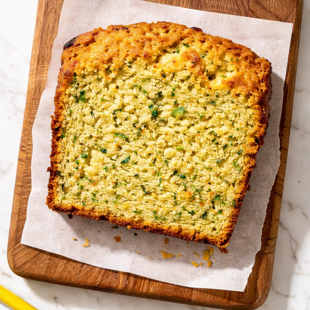 Moist lemon zucchini bread loaf with green flecks, golden crust, and a tender crumb on a cooling rack.